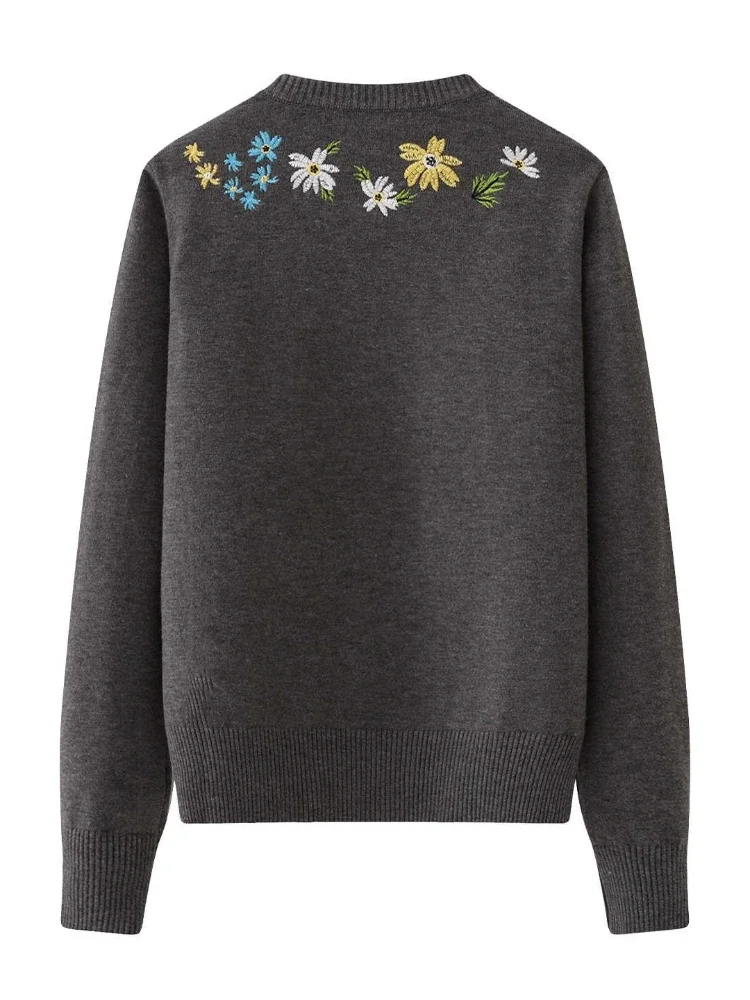 Soft Slouchy Coat Women's Fashion Versatile Flower Embroidered Knitted Sweater New Single Breasted O-Neck Long Sleeve Cardigan