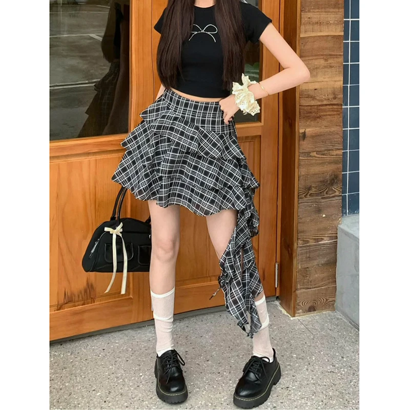 Vintage Plaid Cake Skirt Women Niche Irregular Ruffled Skirt Preppy Style Cute Casual Versatile Mini Skirt Female