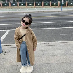 Girls Coat 2024 Autumn New Childrens Clothes Girls Baby Long Sleeve Coffee Color Hooded Sweater Wool Coat Casual Simple Daily