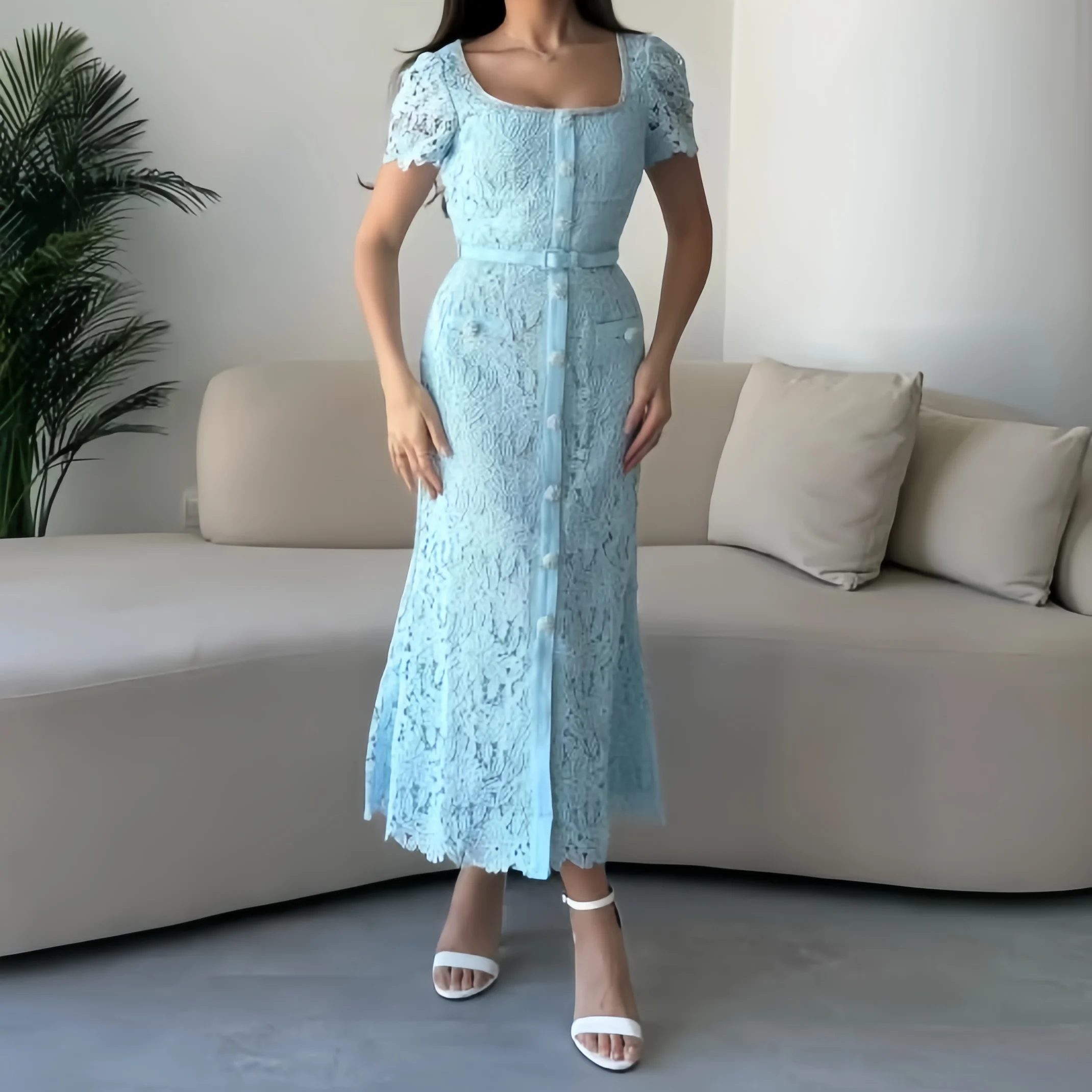 

Синее кружевное платье, женское элегантное платье с квадратным воротником и бриллиантами, облегающее платье, облегающее, шикарное, вечернее, женское