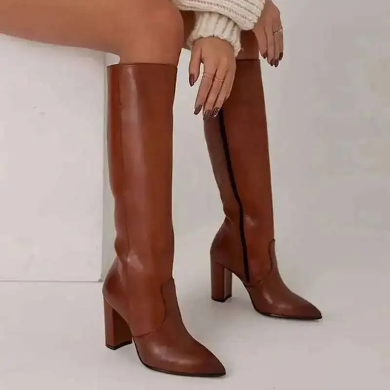 Western Knee Boots High Heels Pointed Toe Big Size Boots Botas Mujer