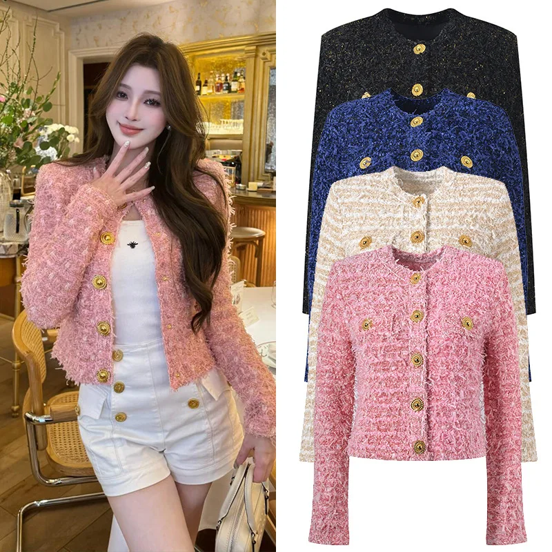 

2025 Autumn/Winter New French Temperament Celebrity Luxury Metal Buckle Tweed Crewneck Short Coat