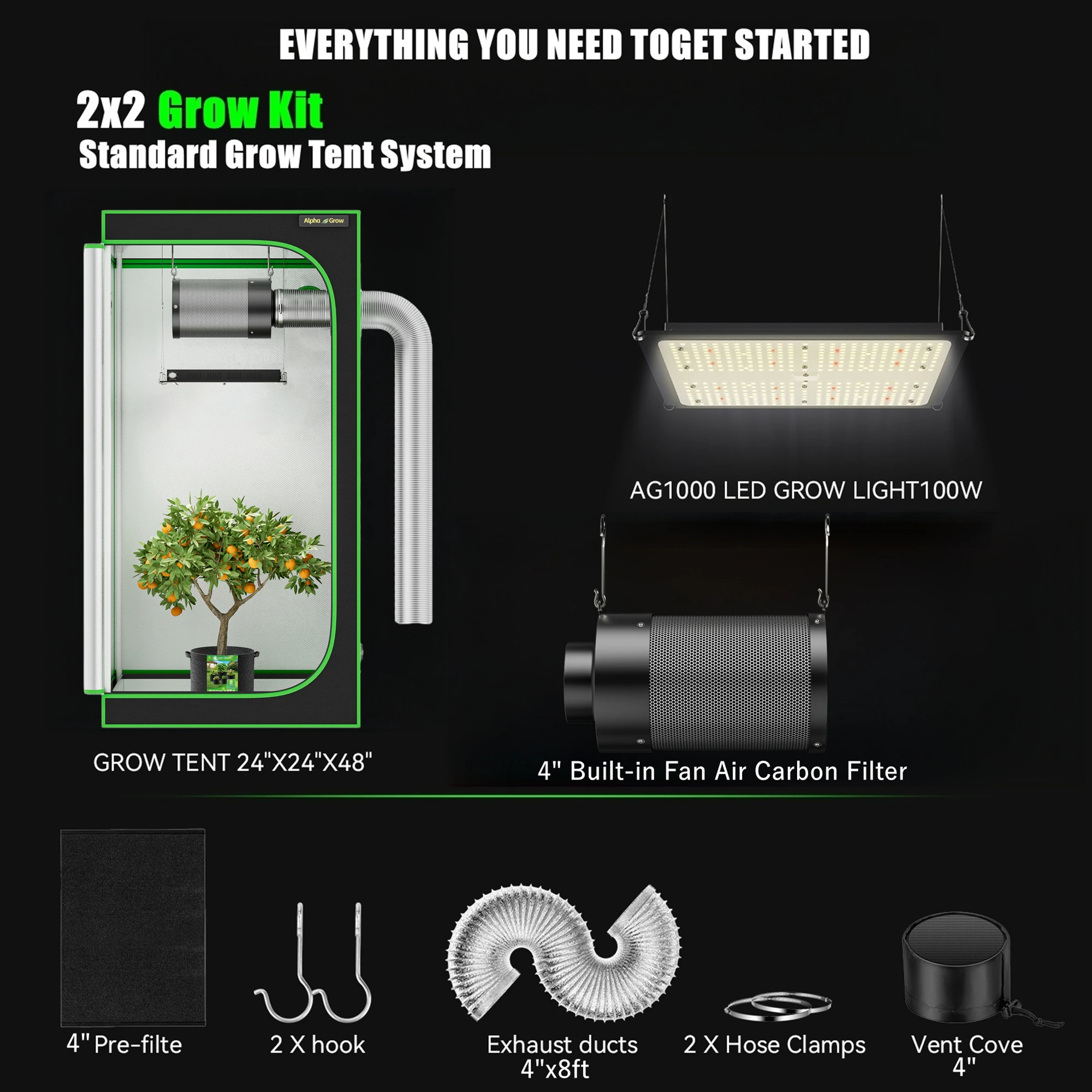 

Grow Tent System 2x2, 24"x24"x48"Grow Tent Kit, with Automate Ventilation and Circulation, Full Spectrum 100W LED Grow