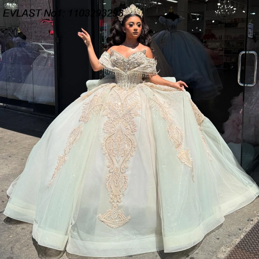

EVLAST Customized Shiny Sage Ball Gown Quinceanera Dress Lace Applique Crystal Beading Bow Sweet 16 Vestidos De 15 Anos E1QN145