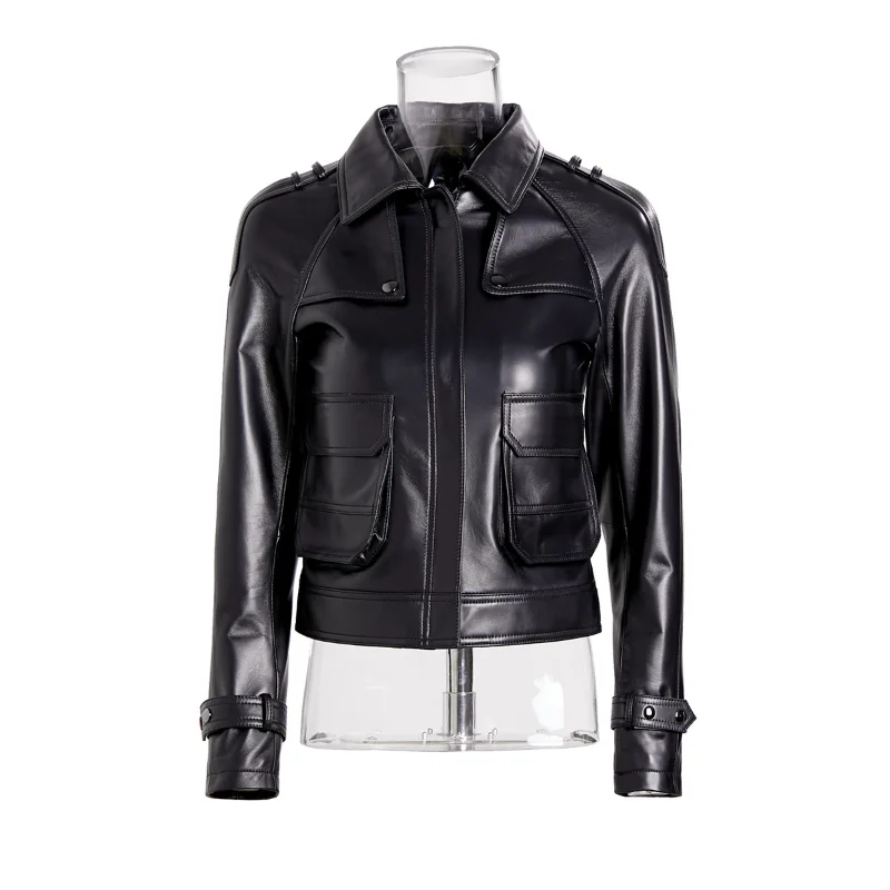 Genuine Leather Clothing Women\'s Spring and Autumn Fashion Fashion Short Slim Sheepskin Motorcycle Leather Jacket