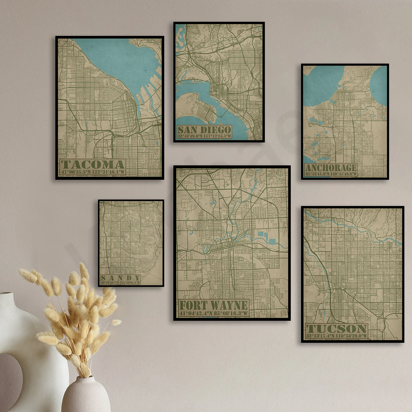 Fort Wayne Rockford Sandy Tucson El Paso Anchorage San Diego Tacoma Lawrence Lemoore Pittsburgh.City Travel Map Poster