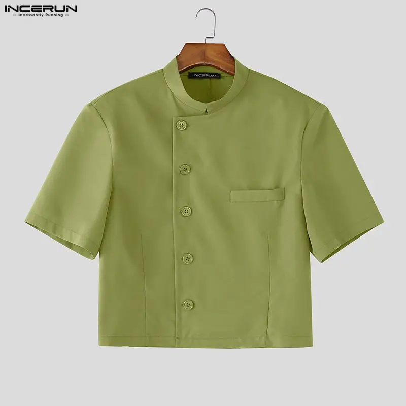 

Мужская рубашка INCERUN, однотонная, с воротником-стойкой, коротким рукавом, на пуговицах, укороченный топ, уличная одежда, корейский стиль, модная мужская одежда 2026