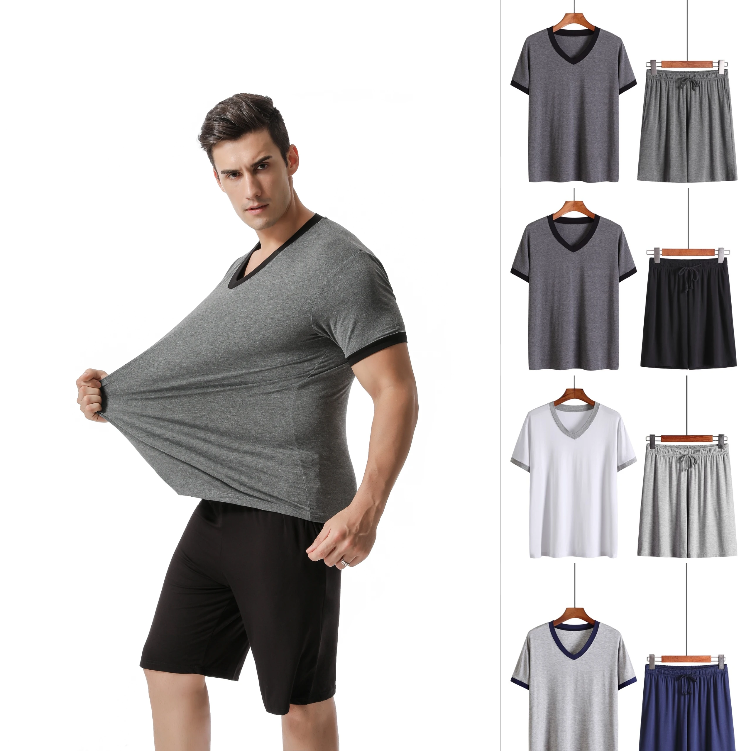 

New Modal Men's Summer Pajamas Homewear Suit V-Neck T-Shirt Thin Section of the Fat Big Yards Short-Sleeved Shorts Pajamas