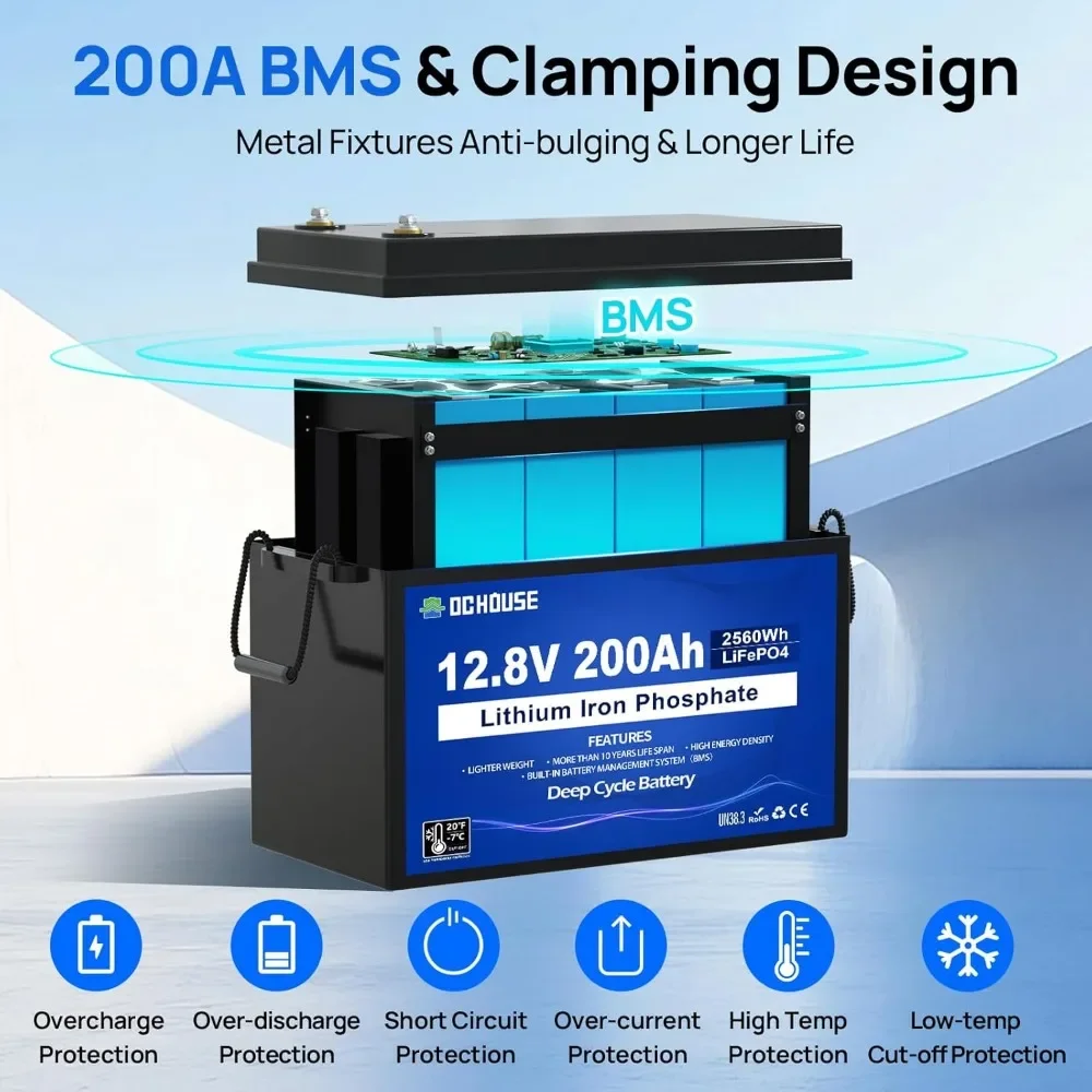 12 В, 200 Ач (2 шт.) Литиевая батарея LiFePO4 глубокого цикла, низкотемпературное отключение, с энергией 2560 Втч Макс. Встроенный BMS 200А для автофургона