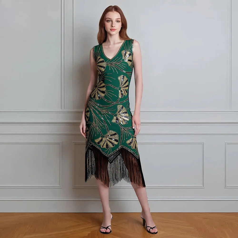 1920s Vintage Sequin Flapper Dress - Fringed Latin Dance Gown for Ballroom Parties, Stage Performances & Formal Gatherings