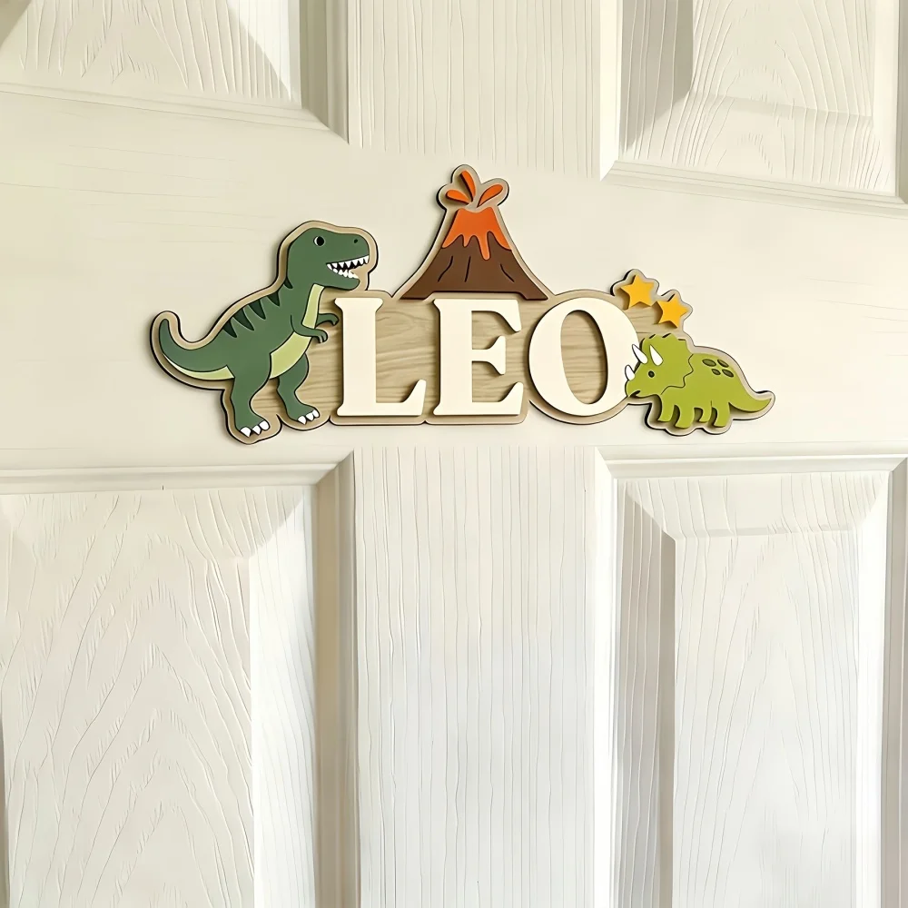 Wooden Double-Layer Custom Name Door Plaque, Dinosaur Volcano Cartoon Style, Room Bedroom Wall Hanging Decoration,Exclusive Gift image 2