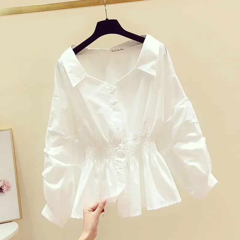 Babydoll Puff Long Sleeve White Shirt Women Tunic Elegant Ruffle Blouse Korean Chic Feminine Top Lady Office Work Wear Button Up