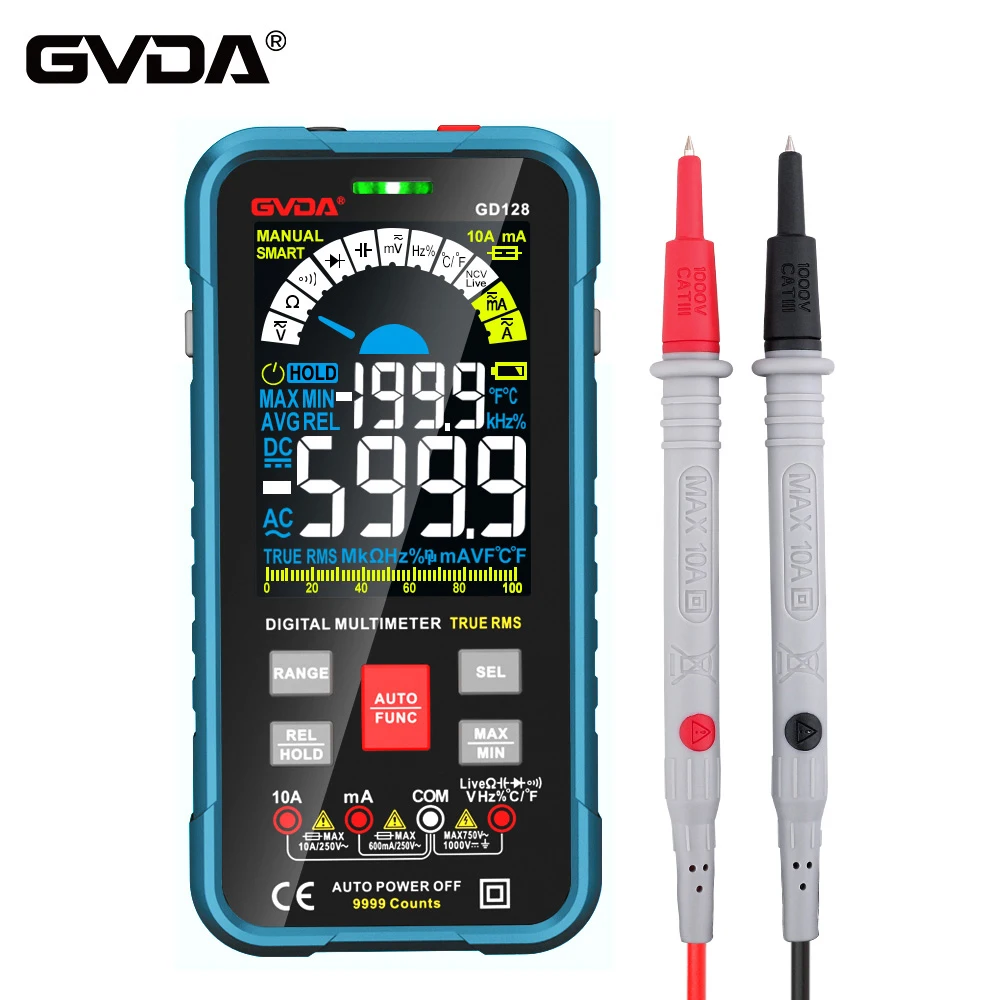 GVDA مقياس متعدد رقمي 9999 التهم DMM الفولتميتر صحيح RMS التيار المتناوب تيار مستمر NCV الجهد متر الذكية مقياس التيار الكهربائي السيارات المدى السعة تستر
