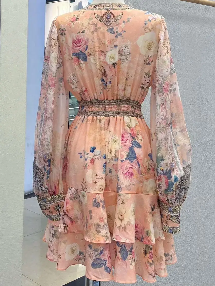 Flor rosa feminino vestido em camadas cristal frisado com decote em v cintura elástica único breasted férias feminino 100% seda mini robe