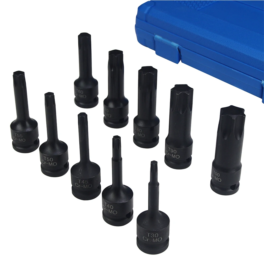 

10Pc Torx Screwdriver Bits 1/2inch Impact Drive Socket Adapter T30-T100 Socket Bits Set T30 T40 T45 T50 T55 T60 T70 T80 T90 T100