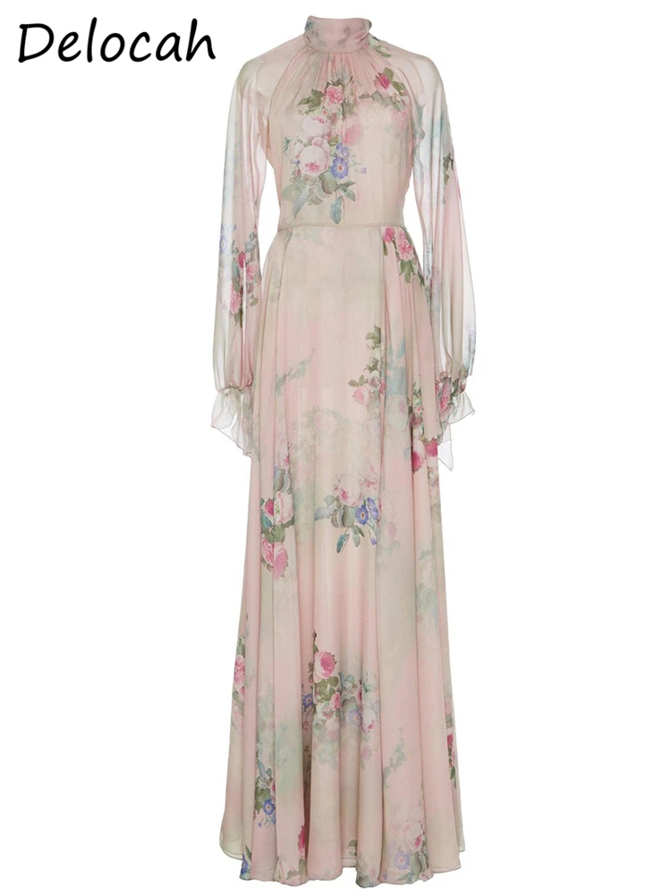 Delocah High Quality Spring Women Fashion Runway Big Swing A-Line Dress Flare Sleeve High Waist Holiday Flower Printed Dresses
