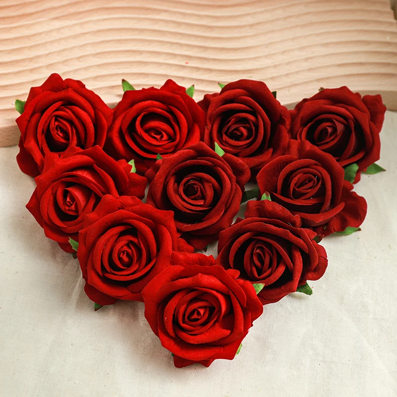 5Pcs Wine Red Rose Artificial Silk Flower Heads Decorative Home Wedding Christmas Wreath Scrapbook Cake DIY Decor Fake Flowers