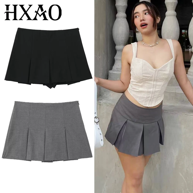 

HXAO Mini Pleated Skirts For Women 2025 Black Darkgrey Skirt Pants Elegant A Line High Waist Culottes Korean Style Skirt Shorts