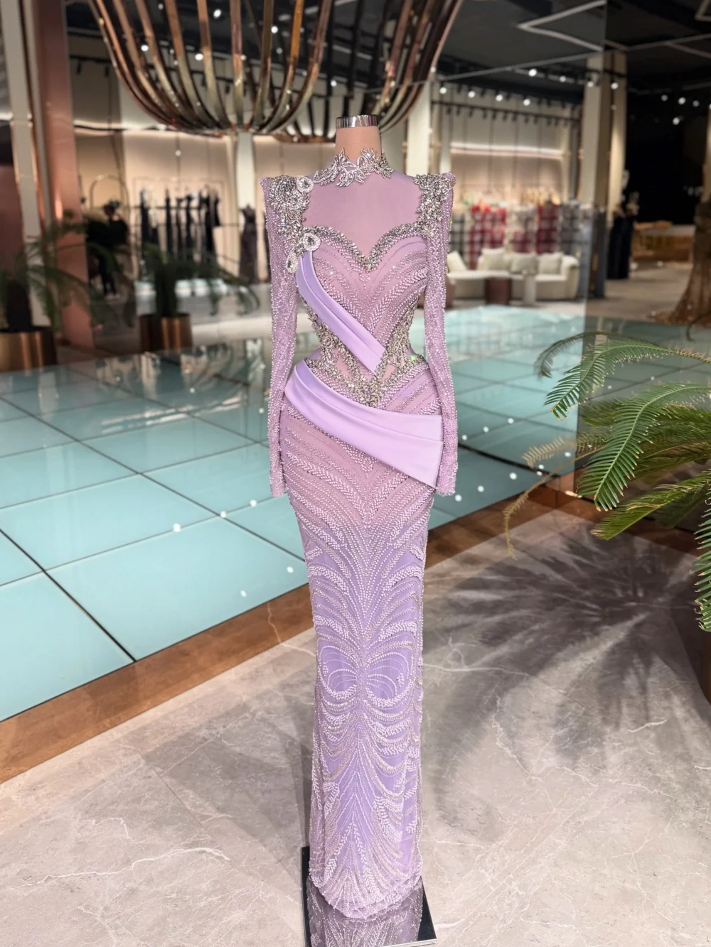

Elegant Light Purple Crystal Evening Gown Sheer Neckline Long Sleeve Mermaid Formal Party Dress for Wedding Guests فساتين سهرة