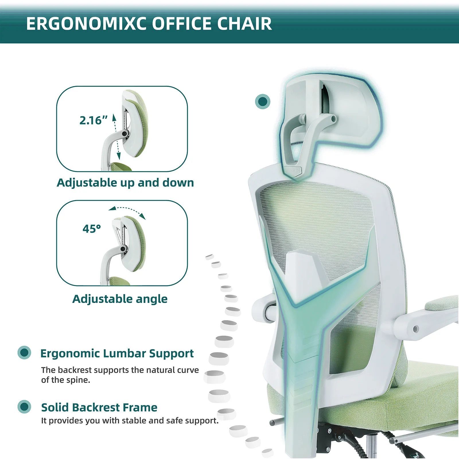 JIAN-Chaise de Bureau Ergonomique et Inclinable en Maille à Dossier Haut, Coussin de Soutien Lombaire Roulant pour Tâches d'Ordinateur