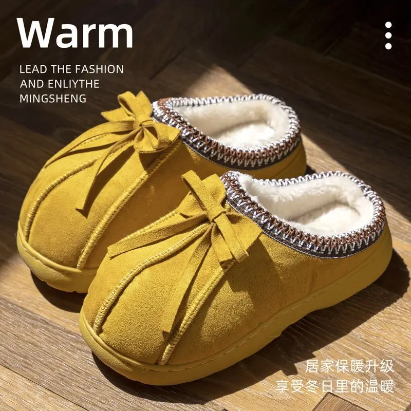 

Platform Fluffy Fashion Bow Plush Casual Women's Slippers Winter Warm Luxury Designer Women's Home Flats Quiet Indoor Slippers