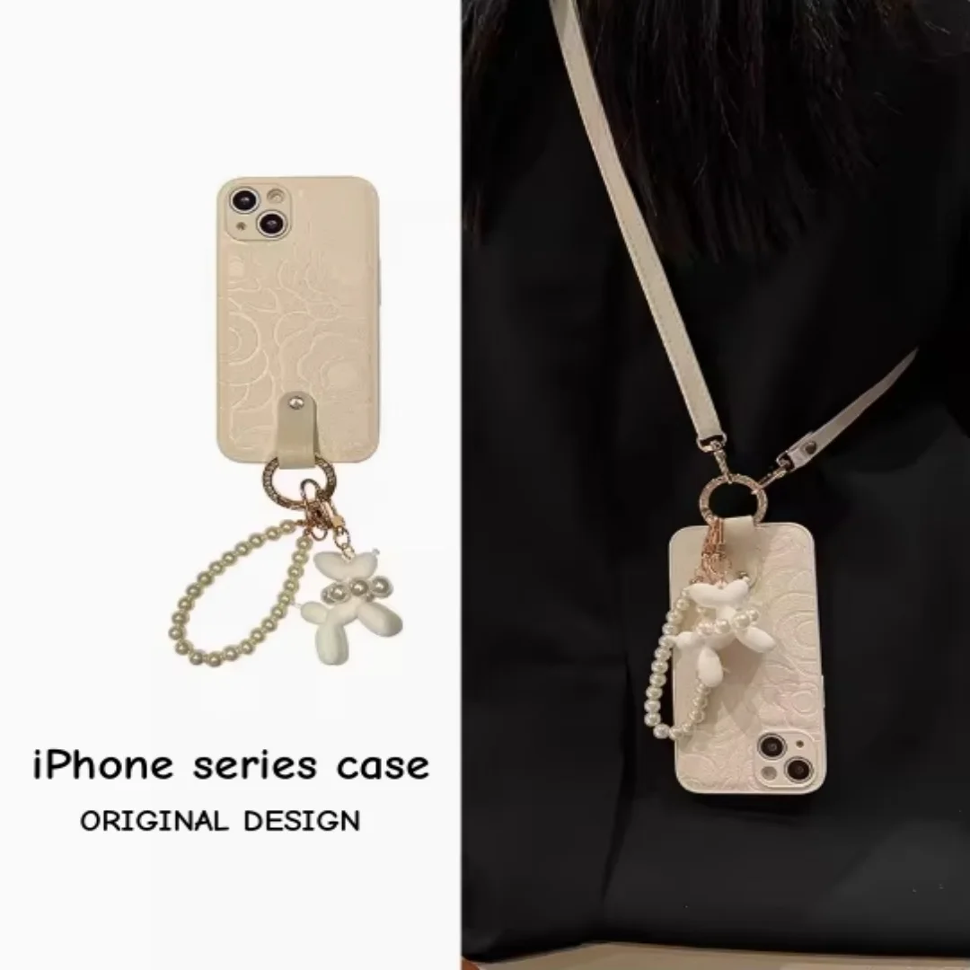 

Подвеска в виде щенка камелии для Apple 15Promax 14pro 16, чехол для телефона с жемчугом, ручной кожаный чехол через плечо