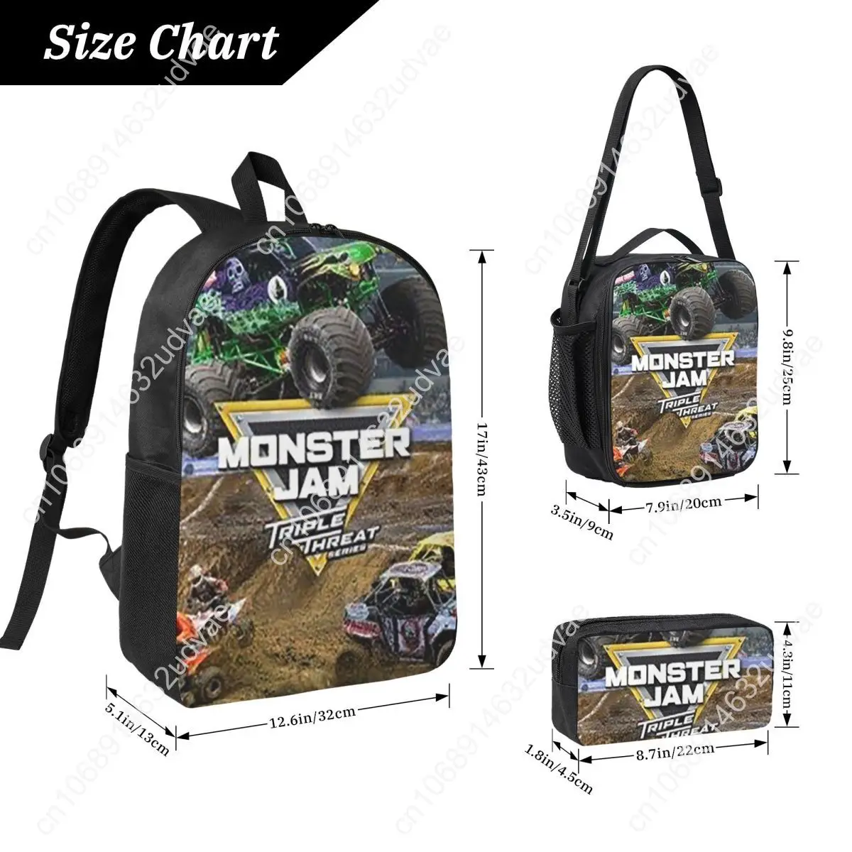 Classic Monster Jam Truck Pattern Backpack BookBag School Bag Computer Shoulder Bags 3ps Insulated Lunch Bag Pencil Case