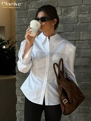Clacive Fashion Slim White Cotton Women's Blouse 2025 Bodycon Lapel Long Sleeve Shirt Elegant Classic Solid Top Female Clothing