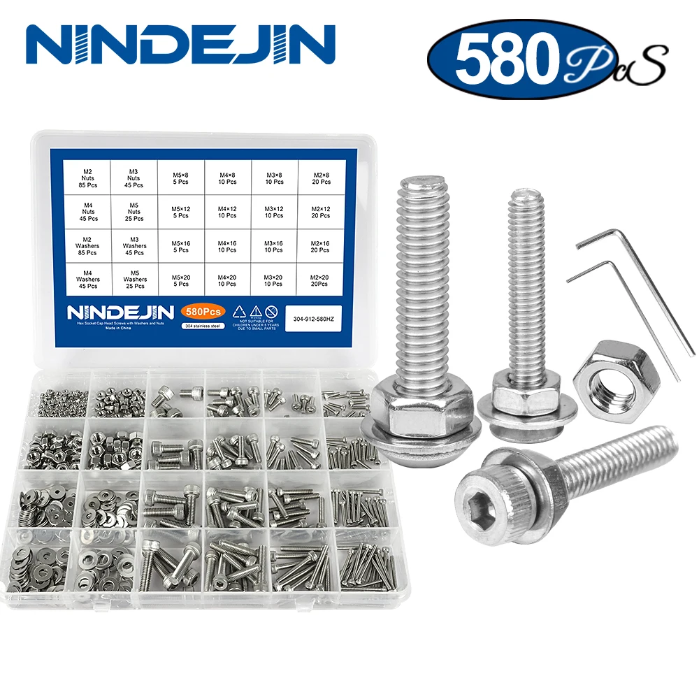 NINDEJIN 580Pcs/Set Hex Socket Cap Head Screw Nut Set Stainless Steel M2 M3 M4 M5 Hexagon Flat Round Cap Head Screw Assorted Kit