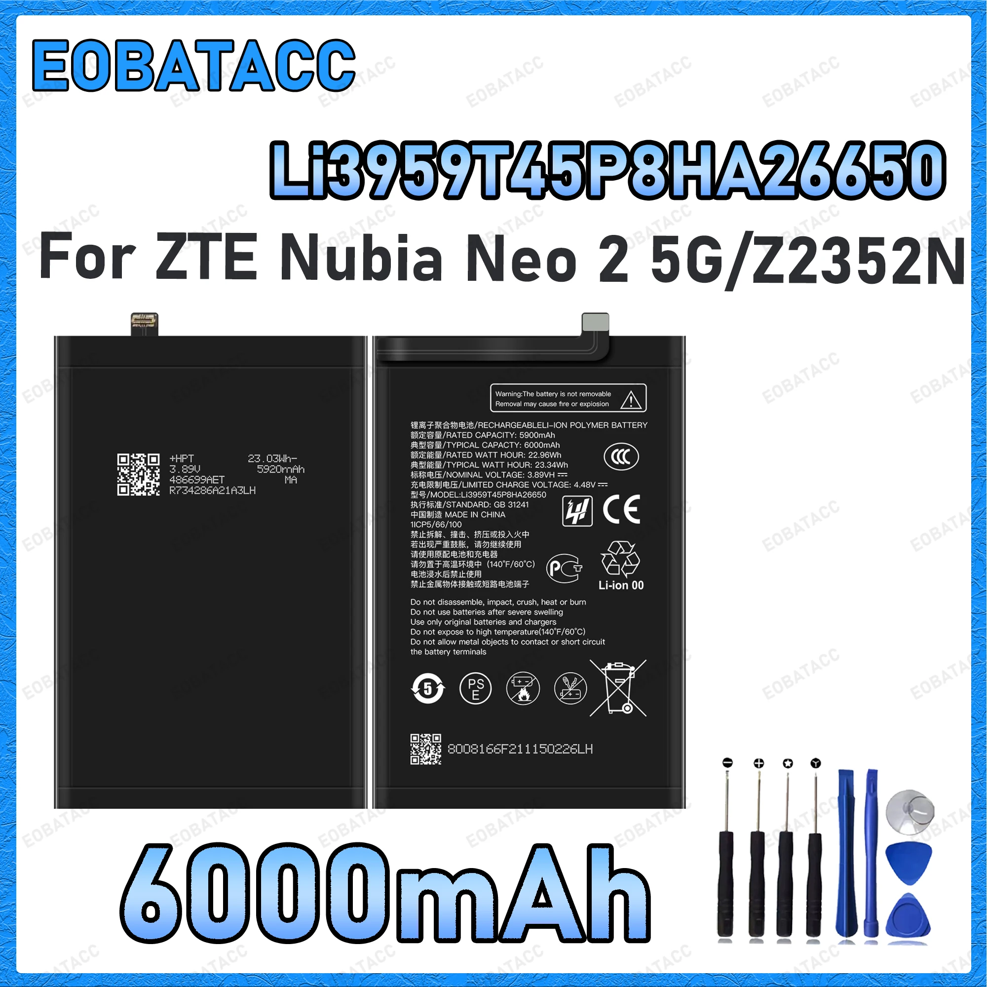 6000mAh Li3959T45P8HA26650 Replacement Battery for ZTE Nubia Neo 2 5G/Z2352N battery Repair Tools Kit