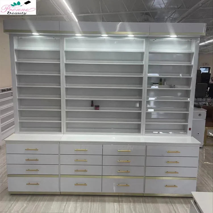 Custom make modern salon furniture cosmetic shop racks wood nail polish display cabinets