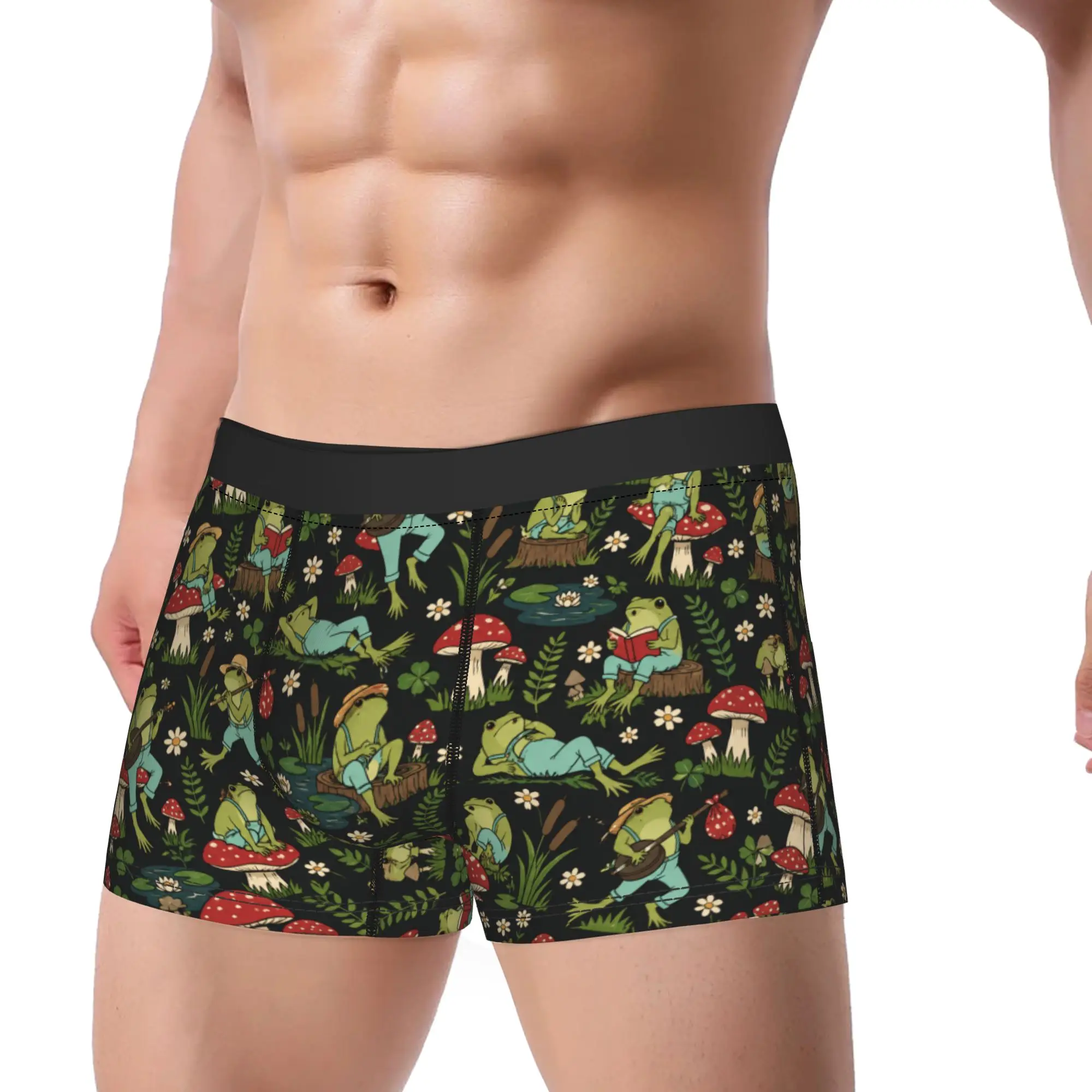 Cute Cottagecore  Frog Playing Banjo on Mushroom Boxer Brief  Underwear High Quality Man Boxershorts Oversize Underpants