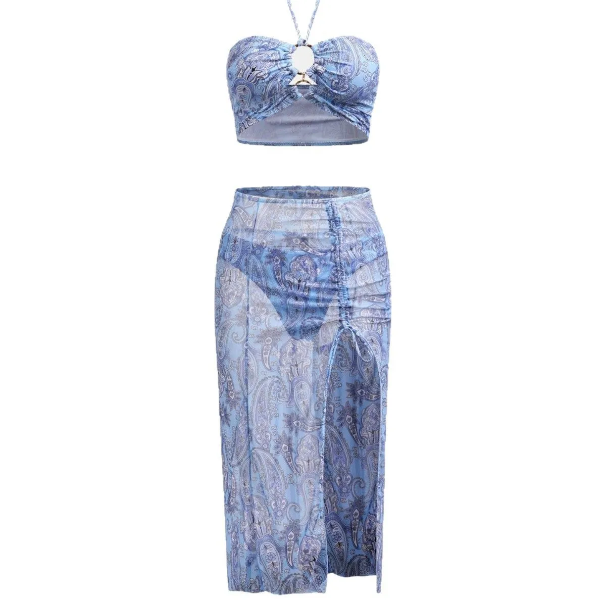 Women's Sheer Mesh 3-Piece Bikini Set Sexy Push-Up Top High Waist Panties Cover-Up Printed Splite Long Dress Swimwear Summer