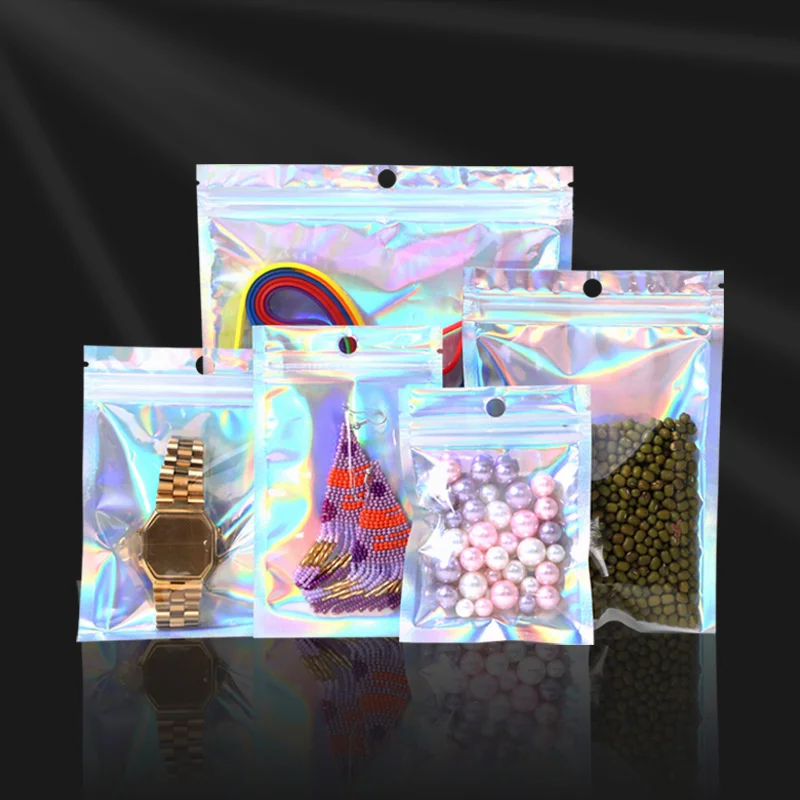 Wholesale 50pcs Multidimensional Rainbow Film Laser Bag Portable Since Seal Storage Bag Nail Beauty Beads Jewelry Gifts Pouches