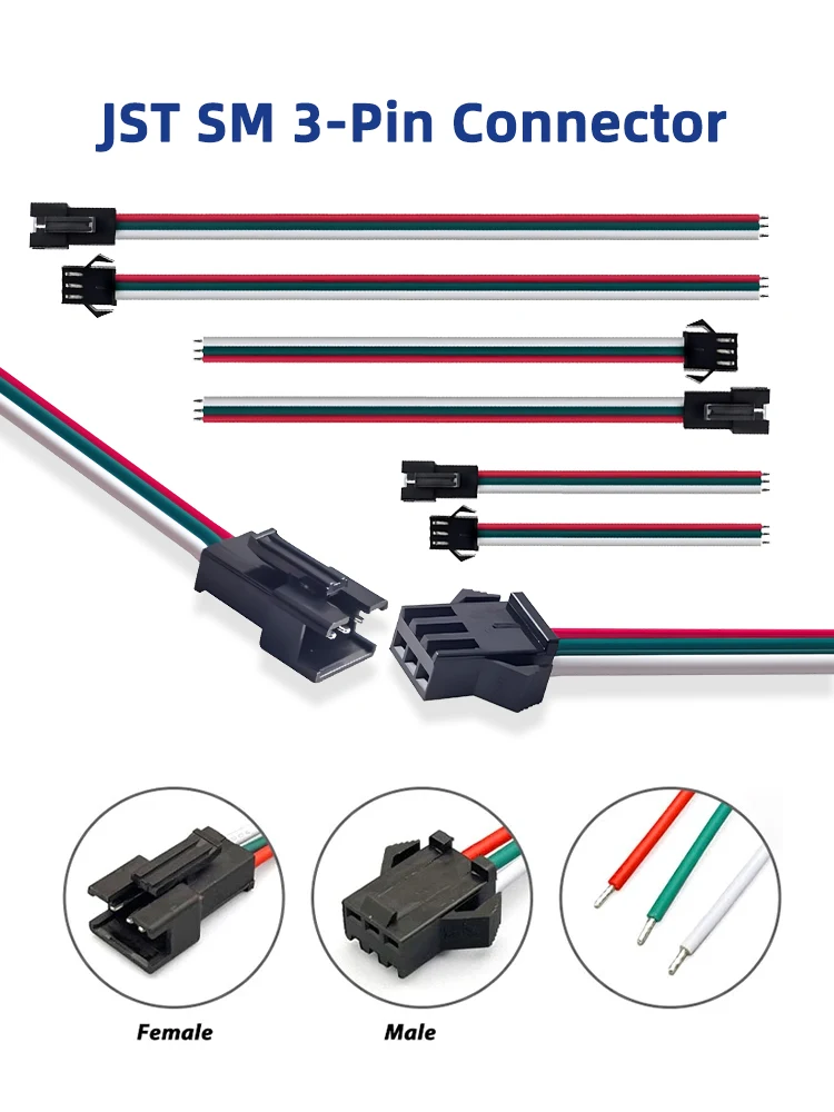 JST SM 3-polige Rastermaß 2,54 mm weiblich männlich Steckverbinder WS2812B WS2811 LED-Lichtleisten-Verbindungskabel 10 cm 15 cm 20 cm 30 cm 22 AMG-Draht – Detail 1