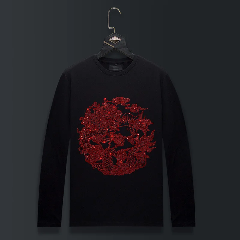 Plus Size O Neck Long Sleeve T Shirts Men Top Fashion Streetwear Red Dragon Rhinestones Mercerized Cotton Tshirts Mens Clothing