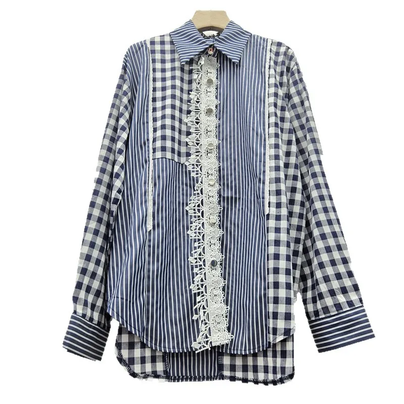 

SuperAen свободные повседневные рубашки контрастного цвета с отложным воротником милые кружевные лоскутные модные клетчатые рубашки с длинными рукавами