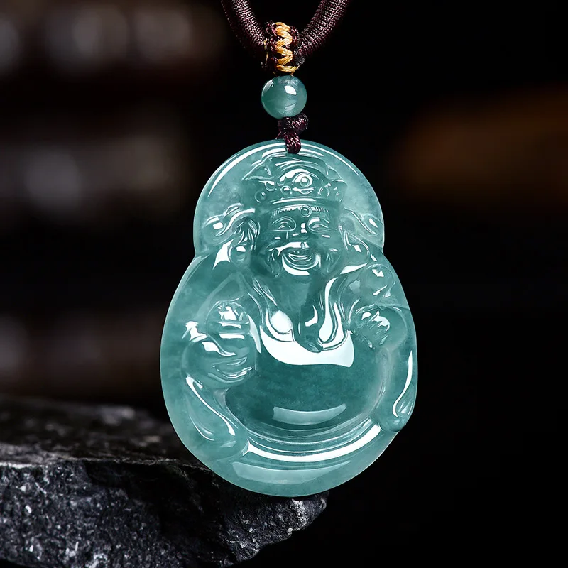 Natural Emerald Blue Water Fortune God Pendant, Waxy Ice Jadeite, Unisex Amulet, Ornament, Sihui Jade