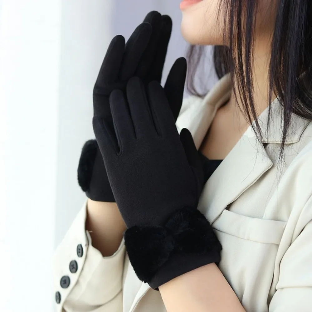 Dralon Material Winter Warm Gloves Soft Fabric Bow Design Touch Screen Gloves Riding Use Driving Use Full Finger Gloves
