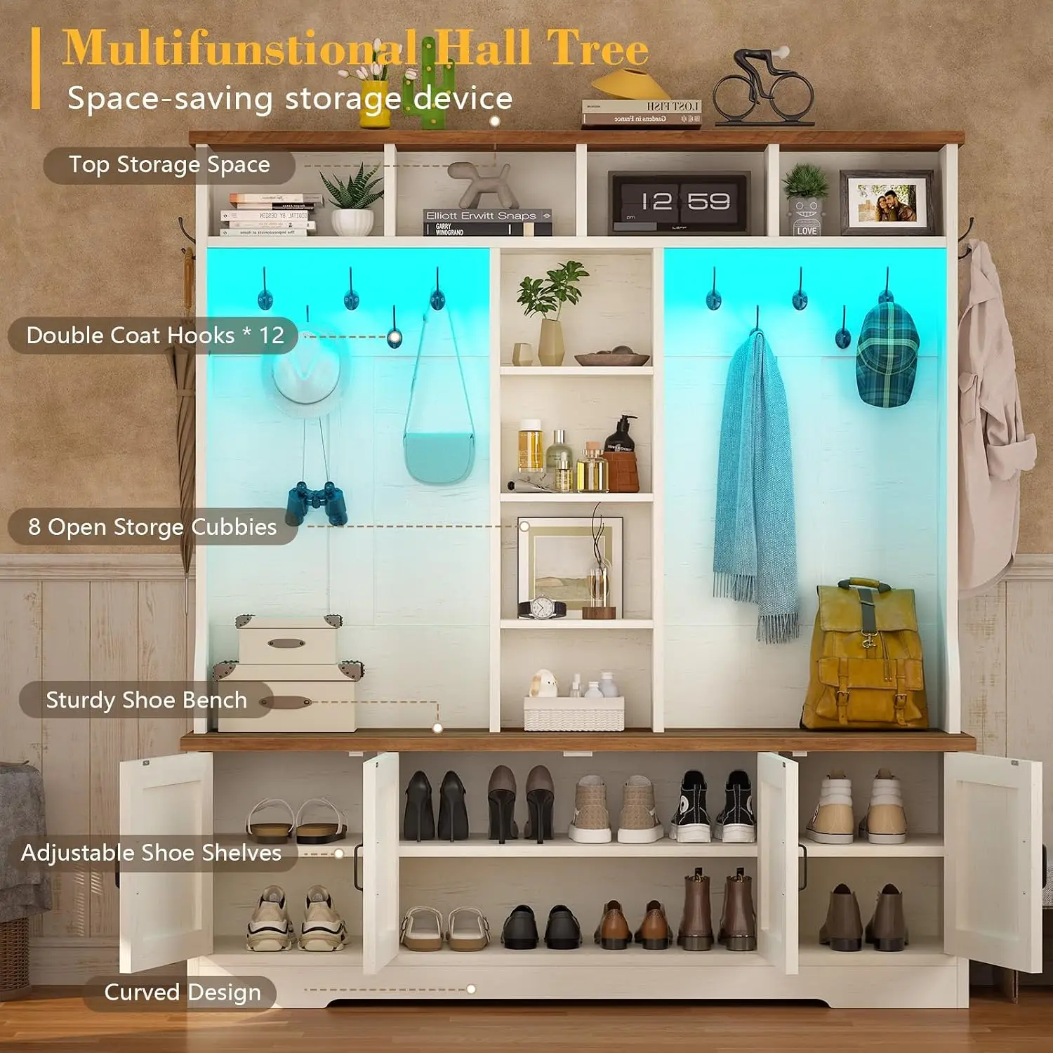 5-in-1 Multifunctional Farmhouse Entryway Bench with 12 Coat Hooks, 8 Adjustable Storage Cubbies, Spacious Shoe Storage Bench
