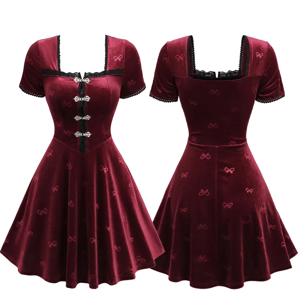เดรสสั้นทรงเอไลน์สไตล์โกธิคสำหรับผู้หญิง สีแดงเข้ม ผ้ากำมะหยี่ลายนูน แต่งโบว์ แต่งขอบด้วยลูกไม้ และกระดุมแบบติดตะขอ