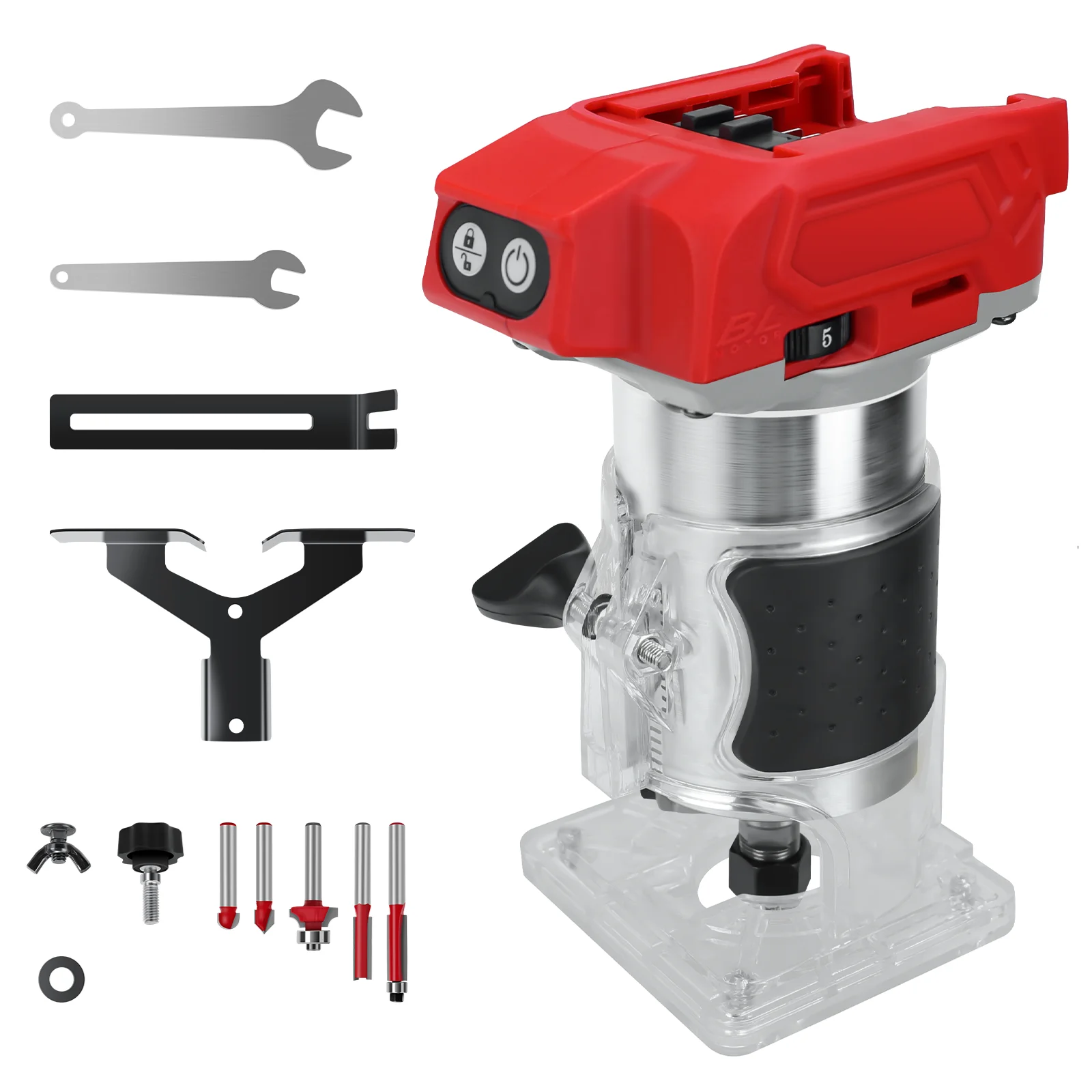 800W Brushless Electric Trimmer Woodworking Trimming Machine 5 Variable Speeds Wood Router for Milwaukee 18V Battery(No Battery)