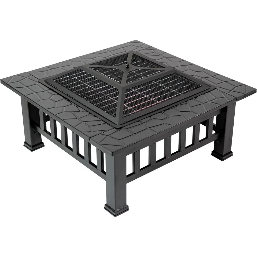 Outdoor Fire Pit Table, 32 inch Multifunction Metal Square Fire Pit in Black with Spark Screen Lid, Cooking Grate