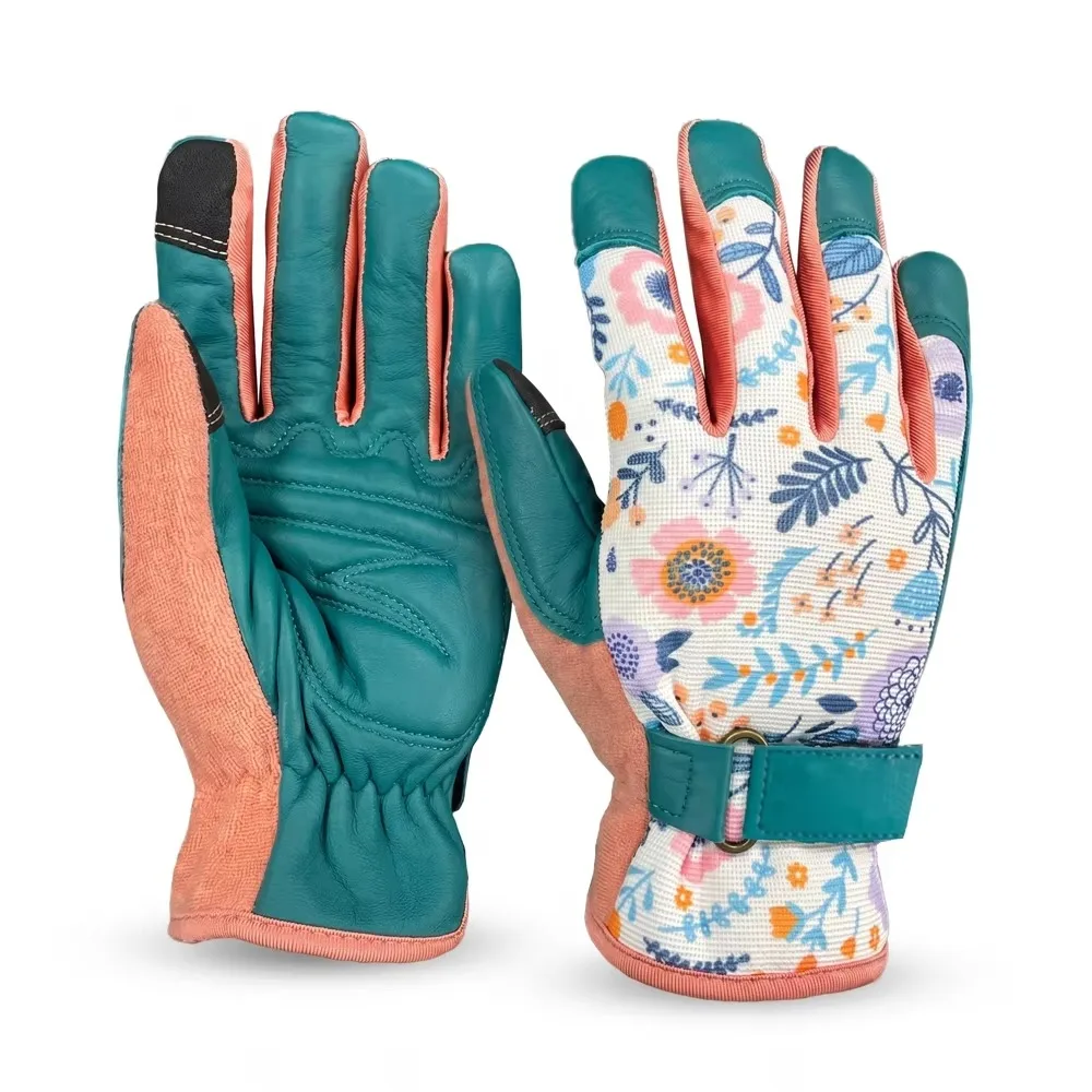 Women's Sheepskin Gardening Gloves, Breathable and Non-slip, Touch Screen Compatible, Stylish Printed Floral Pattern