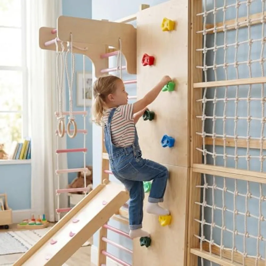 

Indoor jungle gym for kids and adults: wooden Swedish ladder with slide, swing, rock wall, monkey bars; 79 high; natural wood c