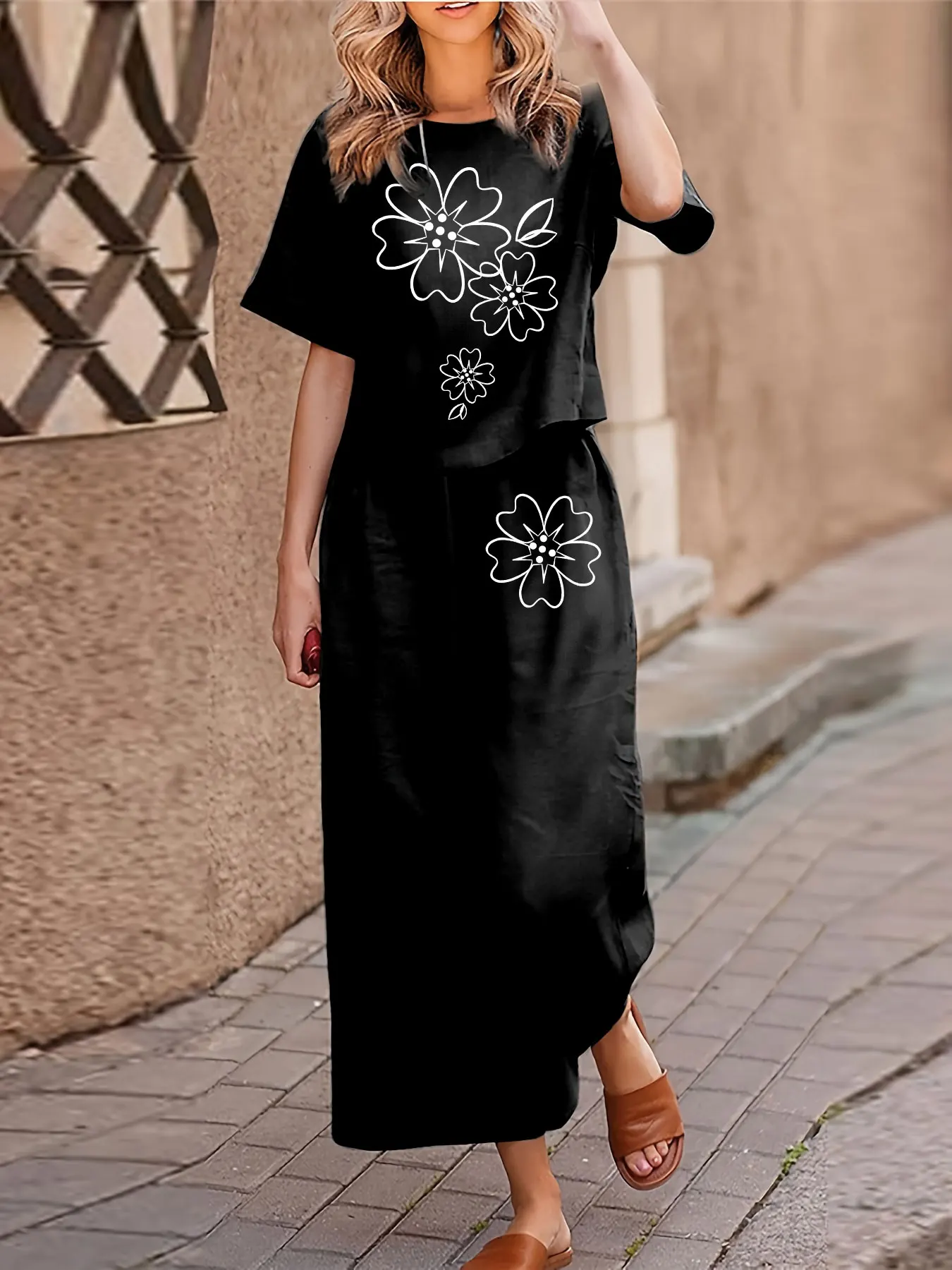 Conjunto informal de dos piezas de talla grande para mujer, traje estampado, camiseta de manga corta, pantalones, conjunto de dos piezas con cuello redondo holgado