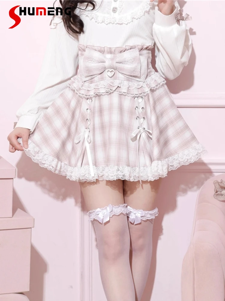 

Japanese Mine Style Mass-Produced Skirts High Waist Big Bow Lace Patchwork Lace-Up Sweet Cute Versatile Lolita Short Skirt Women