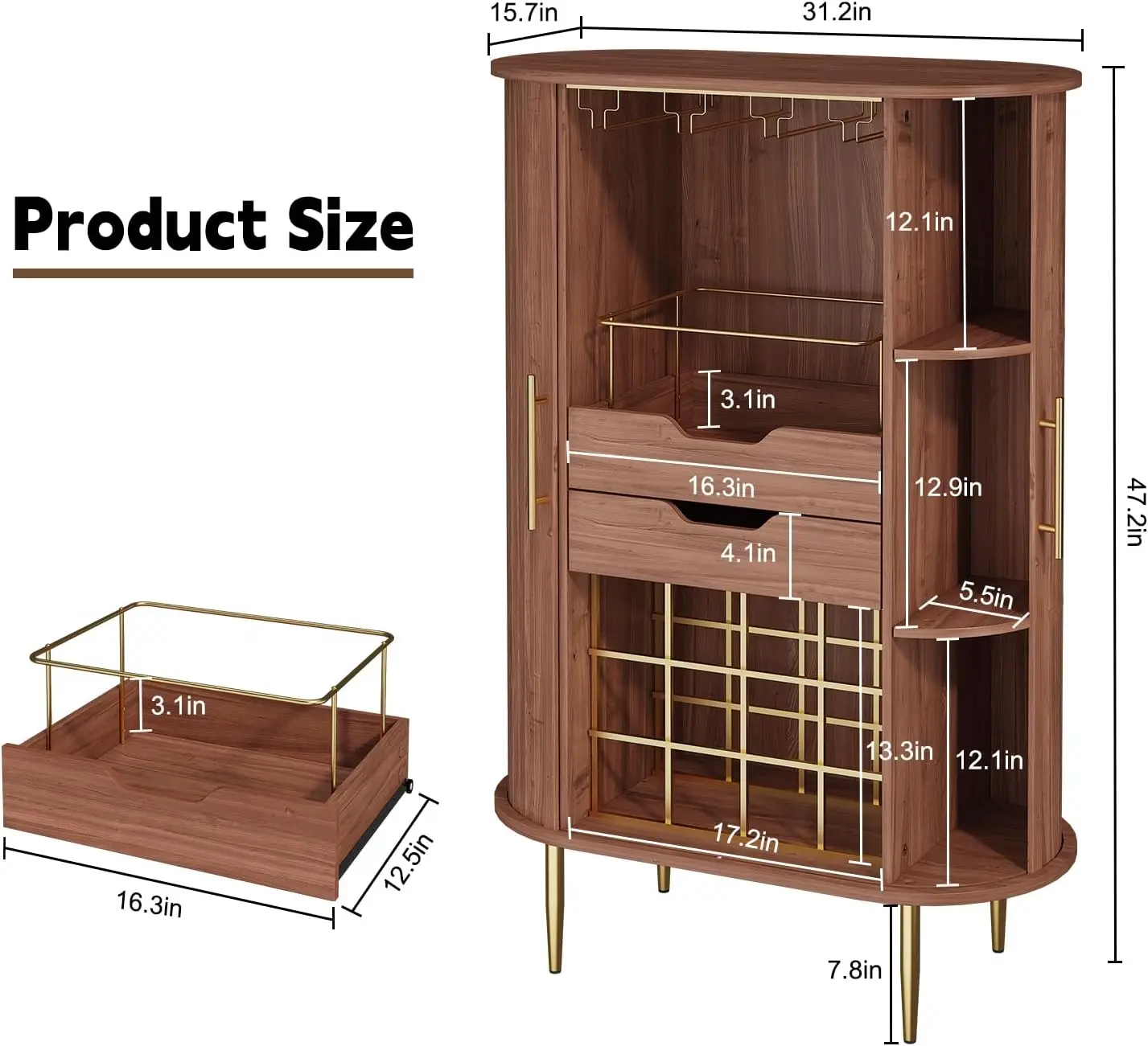 Wine Bar Cabinet with Tambour Door, 16-Bottle Storage, Glass Stemware Rack & Coffee Bar Station, Multi-Functional Wine