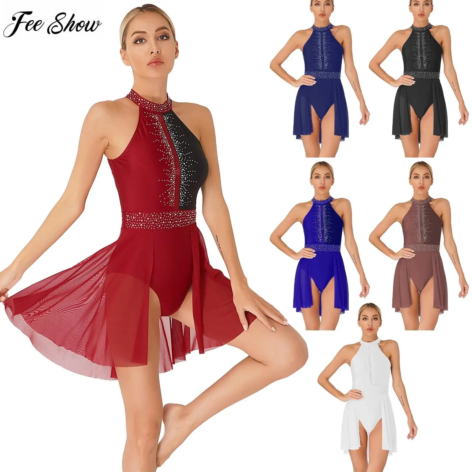 

Womens Shiny Rhinestone Lyrical Dance Dress Contrast Color Backless Leotard Dresses Figure Skating Performance Costume