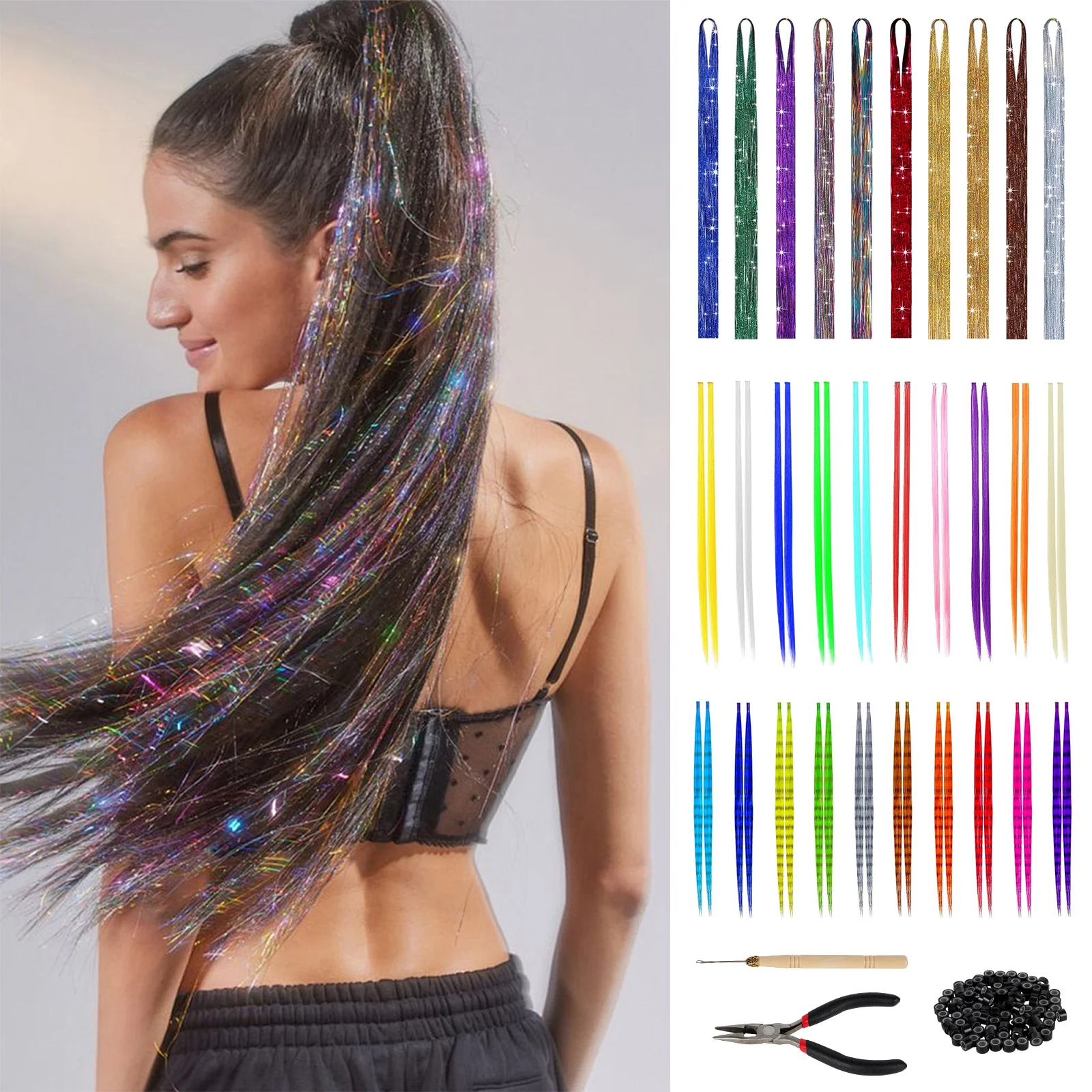 

60Pcs Sparkle Hair Tinsel Glitter Hair Strands 16/20/24inch Glitter Tinsel False Hair for Braiding False Hair Glitter Strips
